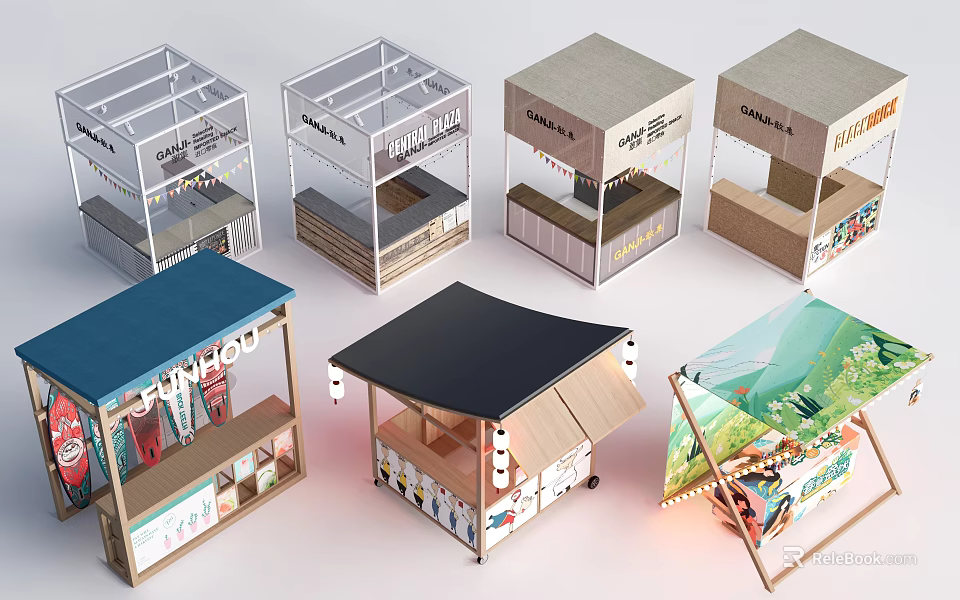 Colorful Retail Kiosk Designs With Various Roof Styles And Brand Logos For Market Spaces 3d model 