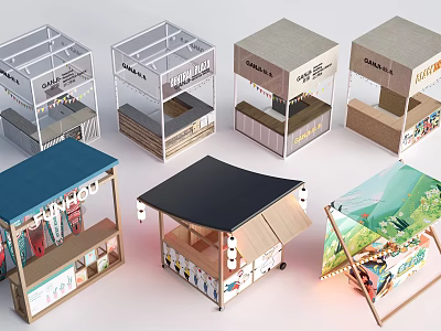 Colorful Retail Kiosk Designs With Various Roof Styles And Brand Logos For Market Spaces 3d model