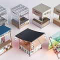 Colorful Retail Kiosk Designs With Various Roof Styles And Brand Logos For Market Spaces