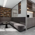 Modern Office Interior Design With Wooden Shelves Comfortable Sofa Coffee Table And Warm Lighting