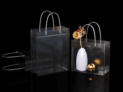 Clear Transparent Gift Bags With Silver Handles And White Vase Yellow Flower Golden Decorative Ball 3d model