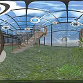 Aerial View of Modern Indoor Space With Glass Roof Hanging Cloud Decorations and Wooden Furniture