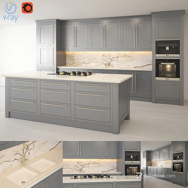 Modern Gray Kitchen Cabinets With Marble Island Countertop And Oven 3d model 