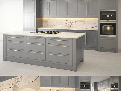 Modern Gray Kitchen Cabinets With Marble Island Countertop And Oven 3d model