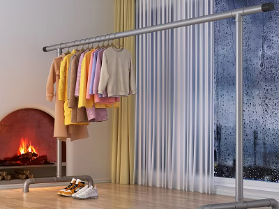 Clothes Rack With Colorful Clothes Fireplace Curtains Raindrops On Window And Sneakers On Wooden Floor 3d model