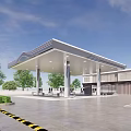 Modern Gas Station Exterior Design With Curved Canopy Sunset Sky And Trees