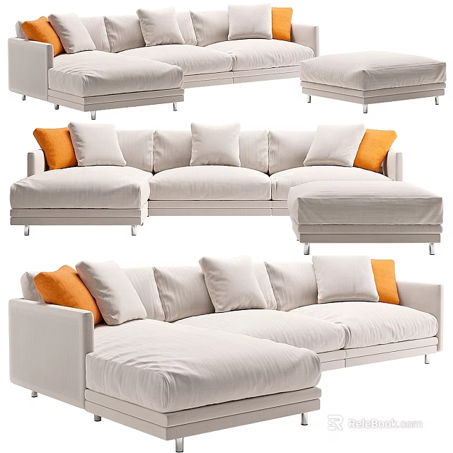 Modern White Double Sofa With Orange Accent Pillows And Comfortable Seating Design 3d model