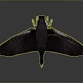 Flying Bird With Dark Colored Feathers White Beak Red Eyes And Green Spots