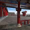 Traditional Ancient Chinese Architecture With Red Pillars Open Courtyard And River View Stone Bridge