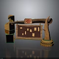 Traditional Wooden Decorative Structure With Wooden Pillars Red Emblem And Small Square Panels