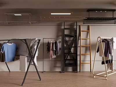 Organized Closet Space With Metal Clothes Racks Wooden Ladder And Hanging Apparel 3d model