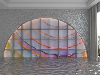 Storage Cabinet Shelf With Colored Glass Arched Top Gray Wall And Water Wave Reflection 3d model