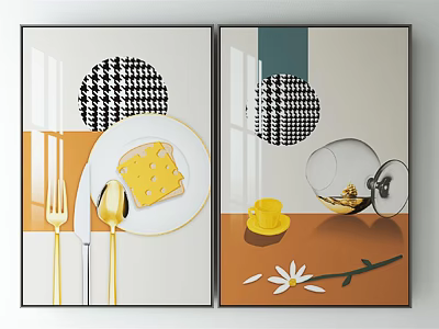 Modern Decorative Paintings With Houndstooth Pattern Cheese Cutlery Glass Yellow Cup Flower And Leaf 3d model