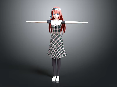 Game Movie Character Featuring Red Pink Hair Plaid Dress Black Stockings White Shoes Arms Outstretched 3d model