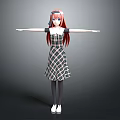 Game Movie Character Featuring Red Pink Hair Plaid Dress Black Stockings White Shoes Arms Outstretched