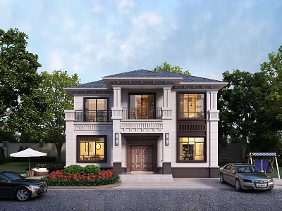 Two Story Detached Villa Exterior With Green Trees Red Flowers And Parked Cars 3d model