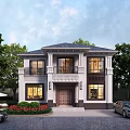 Two Story Detached Villa Exterior With Green Trees Red Flowers And Parked Cars