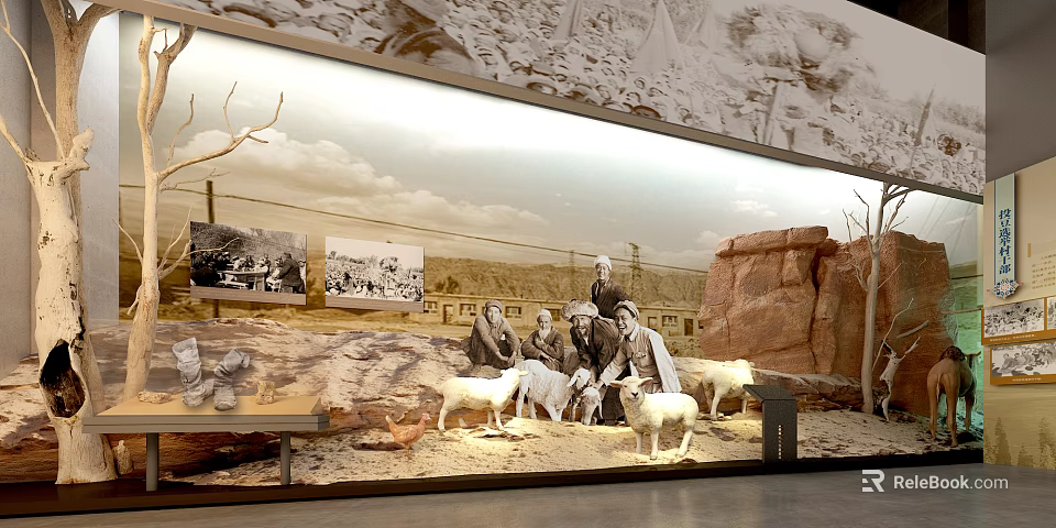 Cultural Center Historical Exhibition With Old Photos People Figures Sheep Models And Rock Formations 3d model 