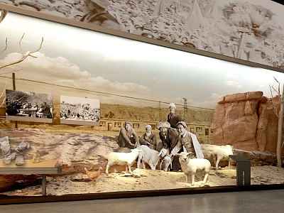 Cultural Center Historical Exhibition With Old Photos People Figures Sheep Models And Rock Formations 3d model