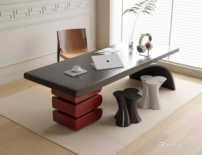 Modern Dark Top Desk with Red Stacked Base Laptop Headphones Green Plant and Brown Chair 3d model 