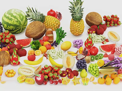 Various Types Of Fresh Fruits With Watermelon Pineapple Coconut Strawberries Grapes And Oranges 3d model