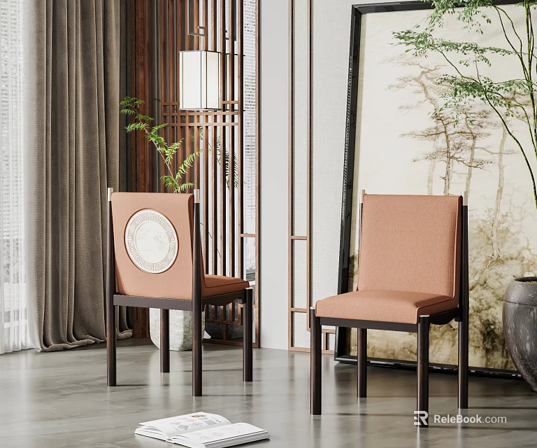 Elegant Chinese Style Dining Chairs With Brown Fabric Seats And Round Backrest Design 3d model 