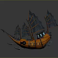 Wooden Boat With Multiple Black Sails Orange Hull Oars And Blue Windows Design