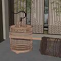 Decorative Ornament Set Featuring Birdcage Shaped Brass And Wooden Designs With Woven Screens