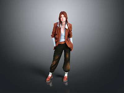 Red haired woman standing in brown coat blue top dark pants red shoes gray background 3d model