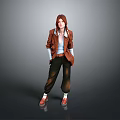 Red haired woman standing in brown coat blue top dark pants red shoes gray background