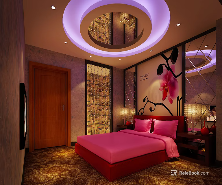 Hotel Guest Room With Pink Bed Flower Wall Decor And Circular Purple Lighting 3d model 