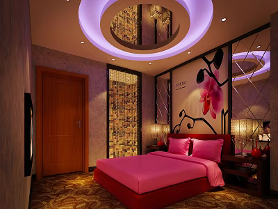Hotel Guest Room With Pink Bed Flower Wall Decor And Circular Purple Lighting 3d model