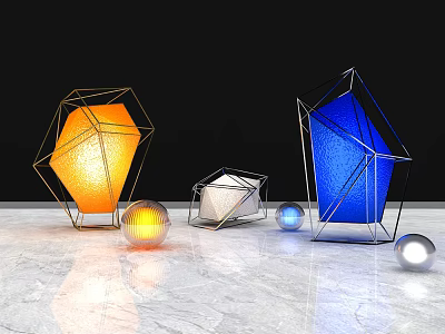 Geometric Shape Lamps In Orange Blue White With Spherical Lights On Marble Countertop 3d model
