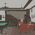 Billiard Room Interior With Vintage Wooden Decor Red Sofas Bar Counter And Chandeliers