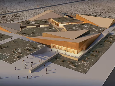 Modern Museum Building Featuring Unique Geometric Roof in Open Outdoor Space with People Walking 3d model
