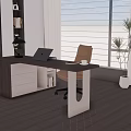 Modern Wooden Desk With Laptop Lamp And Brown Office Chair In Bright Room