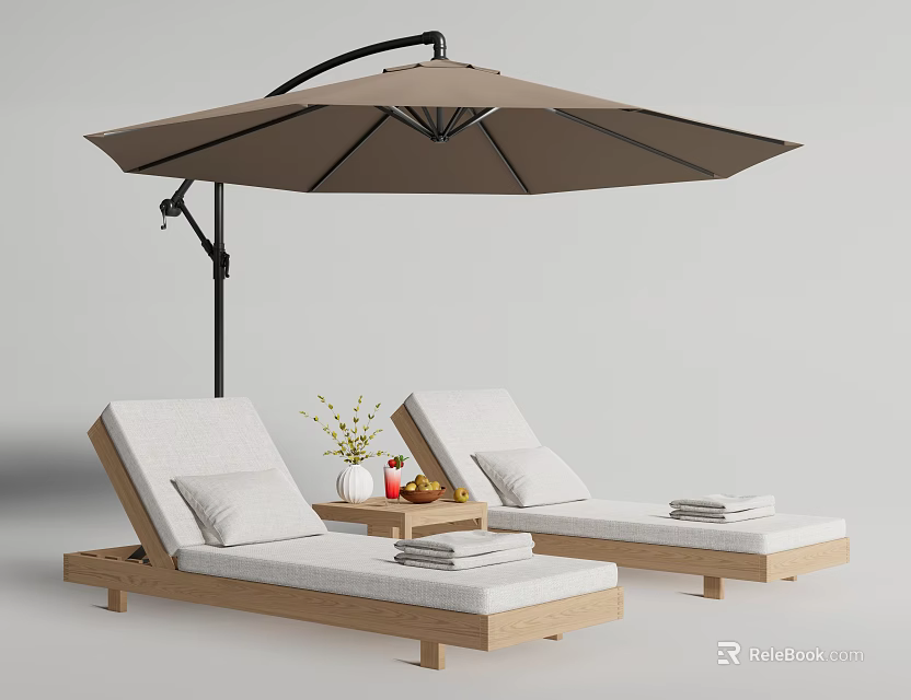 Comfortable Wooden Lounge Chairs With White Cushions Side Table Flower Vase Fruits And Umbrella 3d model 