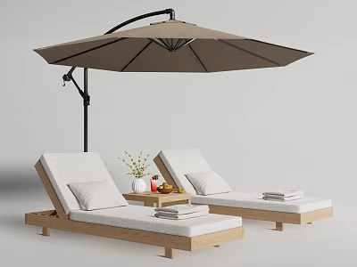 Comfortable Wooden Lounge Chairs With White Cushions Side Table Flower Vase Fruits And Umbrella 3d model