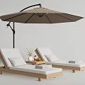 Comfortable Wooden Lounge Chairs With White Cushions Side Table Flower Vase Fruits And Umbrella