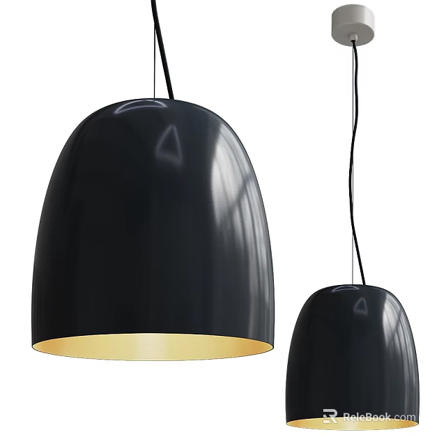 Two Modern Black Pendant Lights With Sleek Design And Golden Inner Shade 3d model