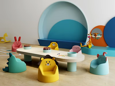 Kids Playroom Children's Table With Cartoon Shaped Chairs And Colorful Toys 3d model