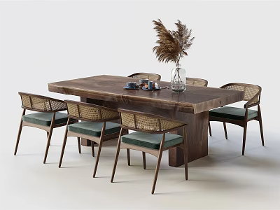 Natural Wooden Dining Table Set With Rattan Chairs And Pampas Grass Vase 3d model
