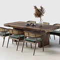 Natural Wooden Dining Table Set With Rattan Chairs And Pampas Grass Vase