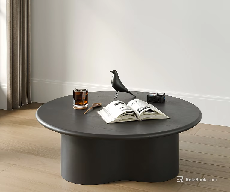 Modern Round Black Coffee Table With Open Book Glass Coffee Camera And Bird Decor 3d model 