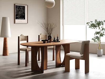 Minimalist Modern Wooden Dining Table Set With Chairs Floor Lamp Potted Plant And Window Blinds 3d model