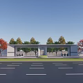 Modern TOMI Community Entrance Gate With White Walls Metal Structure And Trees