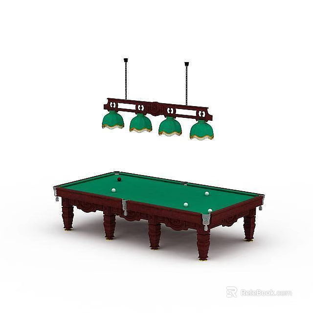 Green Felt Billiard Table With Wooden Legs And Hanging Green Shade Lighting 3d model 