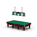 Green Felt Billiard Table With Wooden Legs And Hanging Green Shade Lighting
