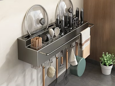 Efficient Kitchen Organization With Stainless Steel Sink Covered Containers Hanging Utensils And Wooden Cabinets 3d model
