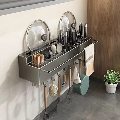 Efficient Kitchen Organization With Stainless Steel Sink Covered Containers Hanging Utensils And Wooden Cabinets 3d model